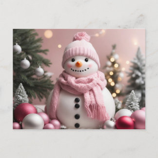 Cartão Postal Bonito Pink Christmas Snowman