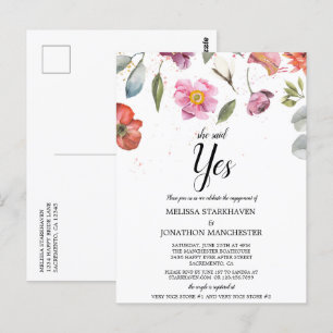 Cartão Postal Bonito Primavera Floral Ela Disse Sim Festa de noi
