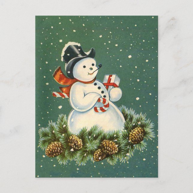 Cartão Postal Bonito Snowman com Presente em Pinecorn Wreath (Frente)