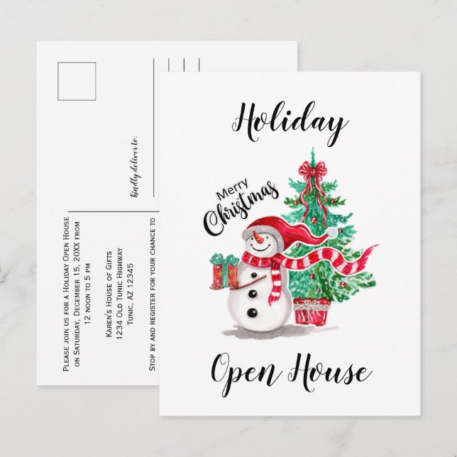 Cartão Postal Bonito Snowman e Casa Aberta da Árvore de Natal (Frente/Verso)