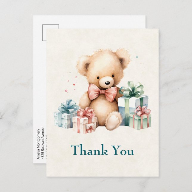 Cartão Postal Bonito Urso de Teddy com Presentes de Natal Obriga (Frente/Verso)