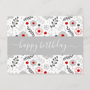 Cartão Postal Bonito Vermelho Moderno e Flores de Cinza Anivers