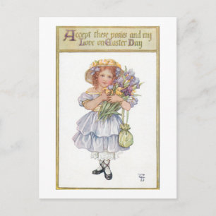 Cartão Postal Bonito Vintage Girl com flores de Páscoa