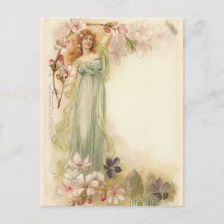 Cartão Postal Bonito Vintage Girl in Blossoms
