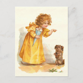 Cartão Postal Bonito Vintage Postcard Little Girl and Pet Dog