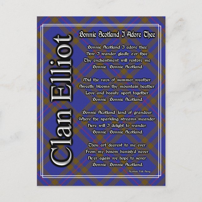 Cartão Postal Bonnie Scotland I Adore The Clan Elliot Tartan (Frente)