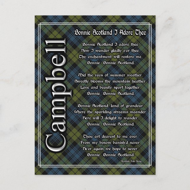 Cartão Postal Bonnie Scotland I Adore Theo Campbell Tartan (Frente)