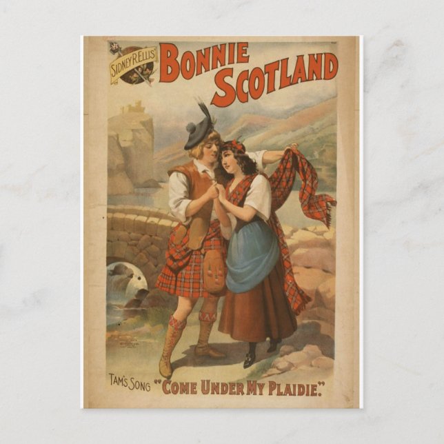 Cartão Postal Bonnie Scotland, "Venha Debaixo do meu Plaidie" (Frente)