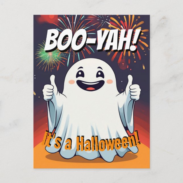 Cartão Postal Boo-yah É um Fantasma Feliz Engraçado do Halloween (Frente)