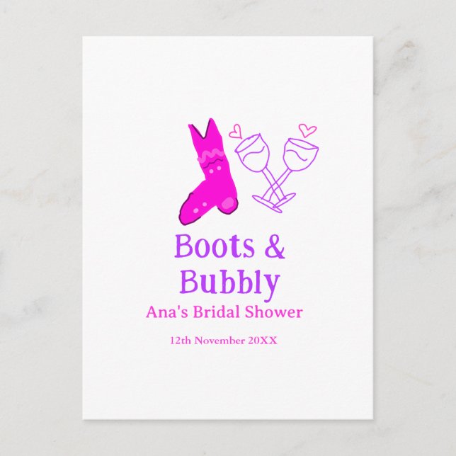 Cartão Postal Boots & bubble champagne chá de panela rosa (Frente)