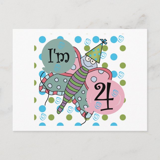 Cartão Postal Borboleta 4º Aniversário Camisetas e presentes (Frente)