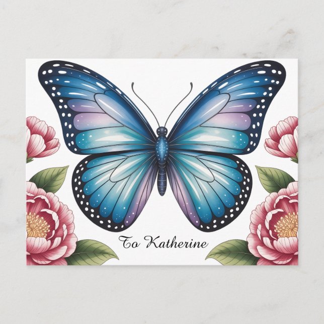 Cartão Postal Borboleta Azul Celestial e Peônia Rosa com Texto (Frente)