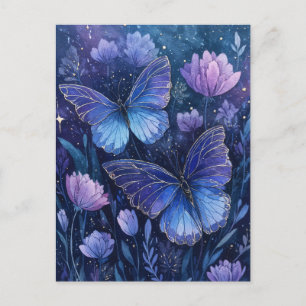 Cartão Postal Borboleta Azul e Roxa em Jardim Floral Estrelado