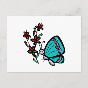 Cartão Postal borboleta azul fofa e flores