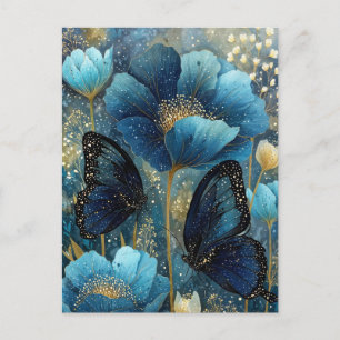Cartão Postal Borboleta Azul-Marinho e Dourada com Flor Turquesa