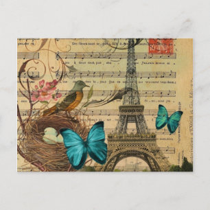 Cartão Postal Borboleta azul Robin bird Torre Eiffel Paris