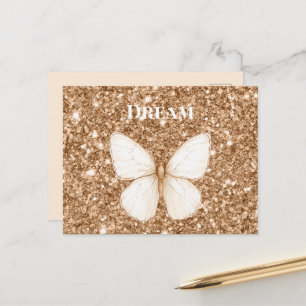 Cartão Postal Borboleta Branca Brilho Falso Dourado