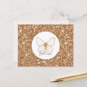 Cartão Postal Borboleta Branca Brilho Falso Dourado