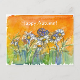 Cartão Postal Borboleta Daisy Watercolor Flowers Feliz outono