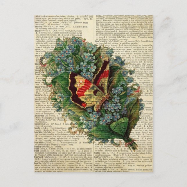 Cartão Postal Borboleta de arte floral na página do dicionário d (Frente)