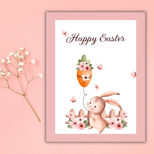Cartão Postal Borboleta de Cenoura Coelheira Aquarela (Watercolor Easter Bunny Carrot Balloon Butterfly Postcard)