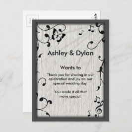 Cartão Postal Borboleta de Música Folhas Casamento Madeira Cinza