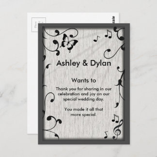 Cartão Postal Borboleta de Música Folhas Casamento Madeira Cinza