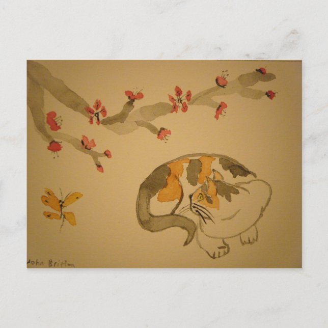 Cartão Postal Borboleta e Blossomas de ameixa (Frente)