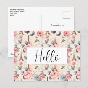 Cartão Postal Borboleta e padrão de Rosas da Torre Eiffel Olá