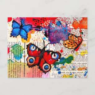 Cartão Postal Borboleta Elegante Pintura Watercolor Vintage Book