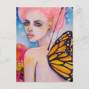 Cartão Postal Borboleta Monarca Fada com Haiir Rosa