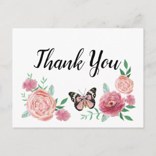 Cartão Postal Borboleta Rosa Floral Obrigado