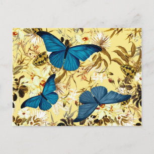 Cartão Postal Borboletas Azuis em Creme de Vintage Padrão Floral