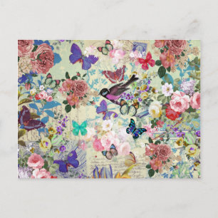 Cartão Postal Borboletas de aves coloridas padrão floral de col