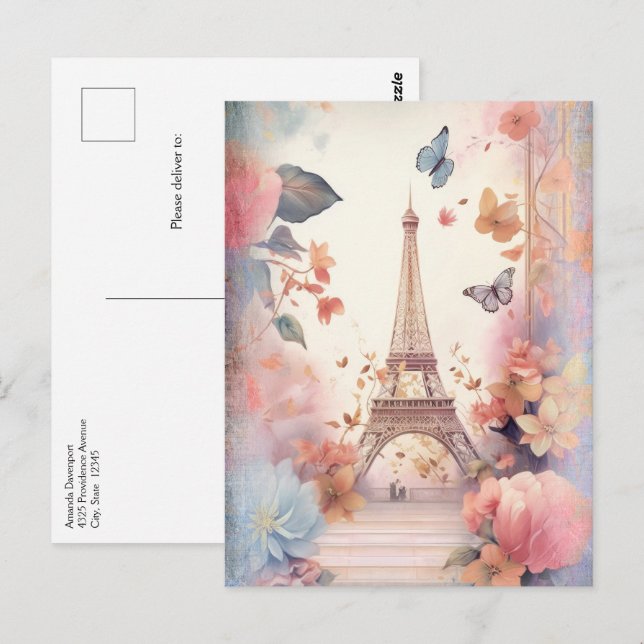 Cartão Postal Borboletas e Flores da Torre Eiffel (Frente/Verso)