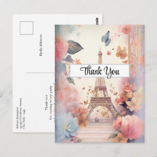 Cartão Postal Borboletas e Flores da Torre Eiffel Obrigado