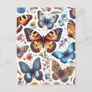 Cartão Postal borboletas flores padrão arte natural