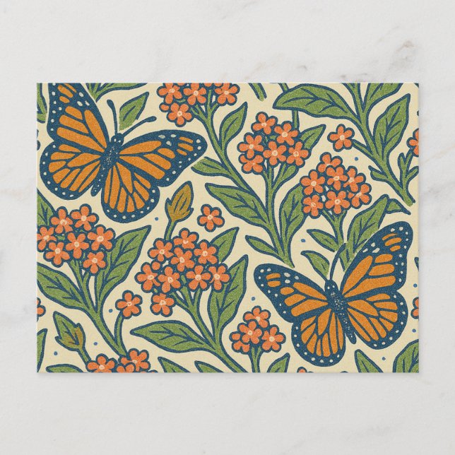 Cartão Postal Borboletas Monarch e Flores de Milkweed (Frente)