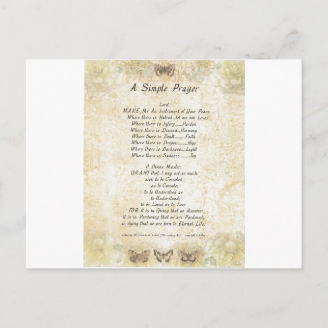 Cartão Postal borboletas=papa francis=rua. francis SIMPLE PRAYER (Frente)