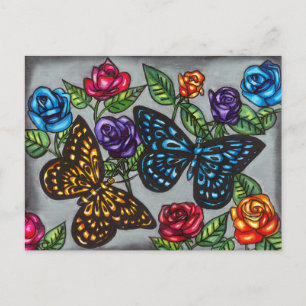 Cartão Postal Borboletas rosas flores desenho de arte original