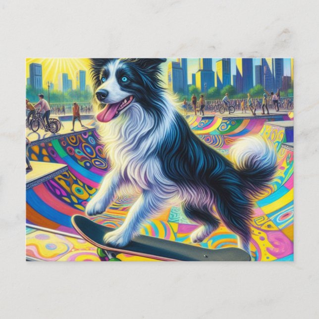 Cartão Postal Borda Adorável Collie Skateboard (Frente)