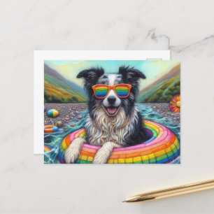 Cartão Postal Borda Collie em uma flutuação colorida do arco-íri