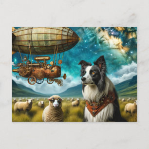 Cartão Postal Borda Steampunk Collie com ovelha e Blimp