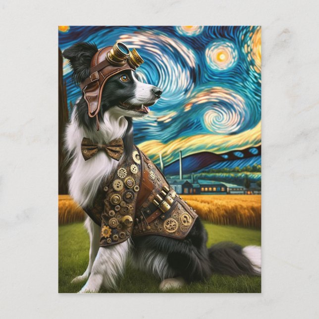 Cartão Postal Borda Steampunk Collie na Noite Estrelada (Frente)