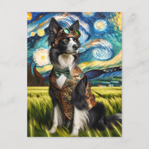 Cartão Postal Borda Steampunk Collie na Noite Estrelada