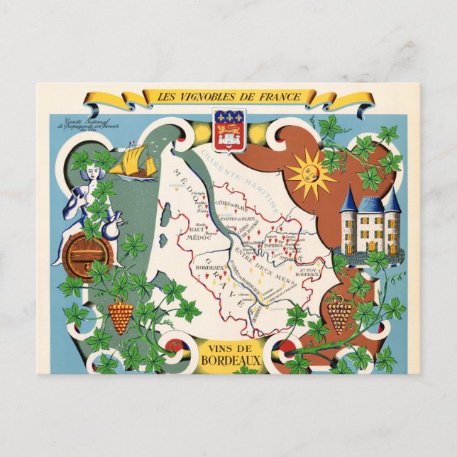 Cartão Postal Bordeaux, France Vintage Map (Frente)