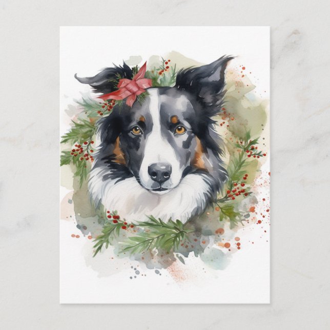 Cartão Postal Border Collie Christmas Wreath Festivo Pup (Frente)