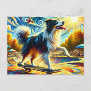Cartão Postal Border Collie Colorido de Três Cores no Skate