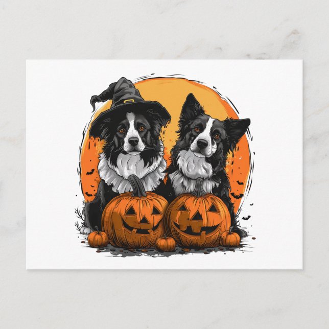 Cartão Postal Border Collie Dogs Halloween Jack O Lanternas (Frente)