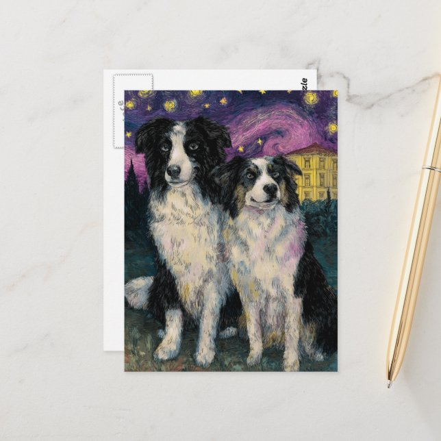 Cartão Postal Border Collies de Van Gogh à Noite (Frente/Verso In Situ)